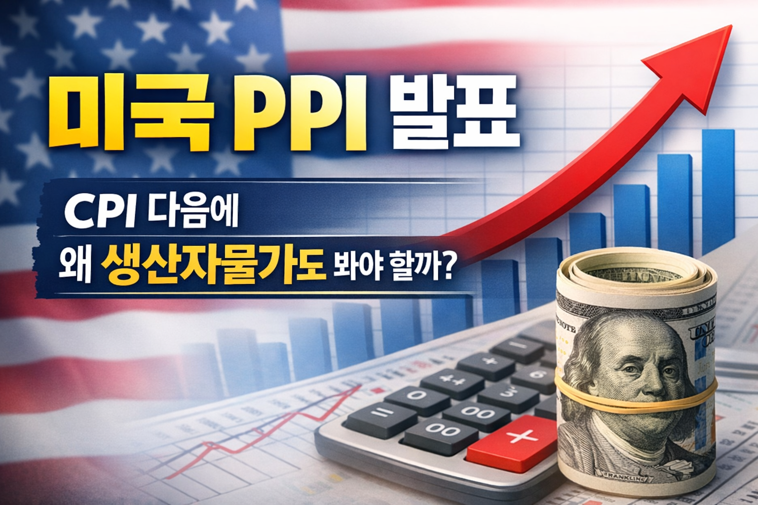 미국 PPI 발표와 CPI 이후 생산자물가 중요성을 설명하는 경제 블로그 썸네일, 미국 국기 배경과 상승 그래프, 계산기, 달러 이미지 포함