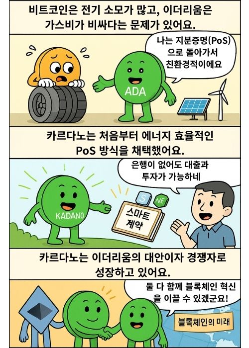 비트코인의 전력 소모와 이더리움의 가스비 문제, 카르다노(ADA)의 친환경 PoS 방식 등장, 스마트 계약 확장, 마지막은 이더리움과 카르다노의 경쟁·협력 구도의 4컷 만화