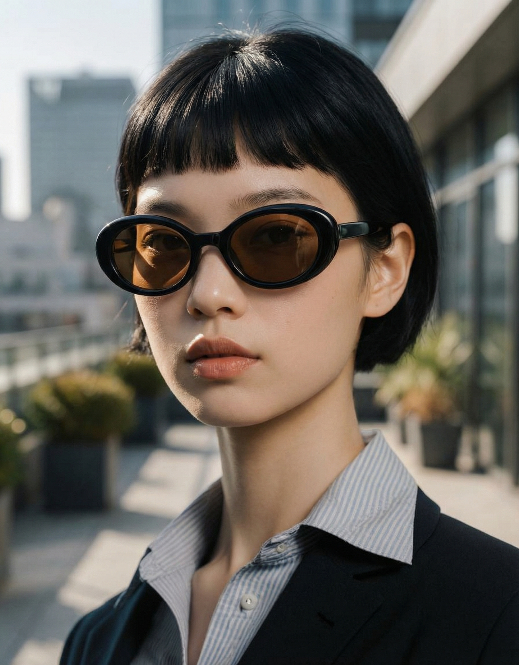 ドラップアートのAIモデル画像の例 - 撮影なしで生成したAIモデルが黒のオーバルサングラスをかけた都会の屋外の画像