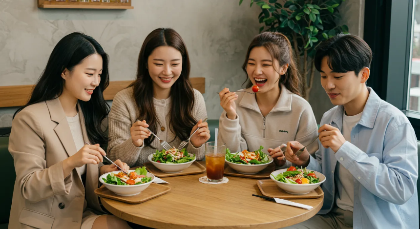여러명이 샐러드를 같이 먹고있는 모습 이미지