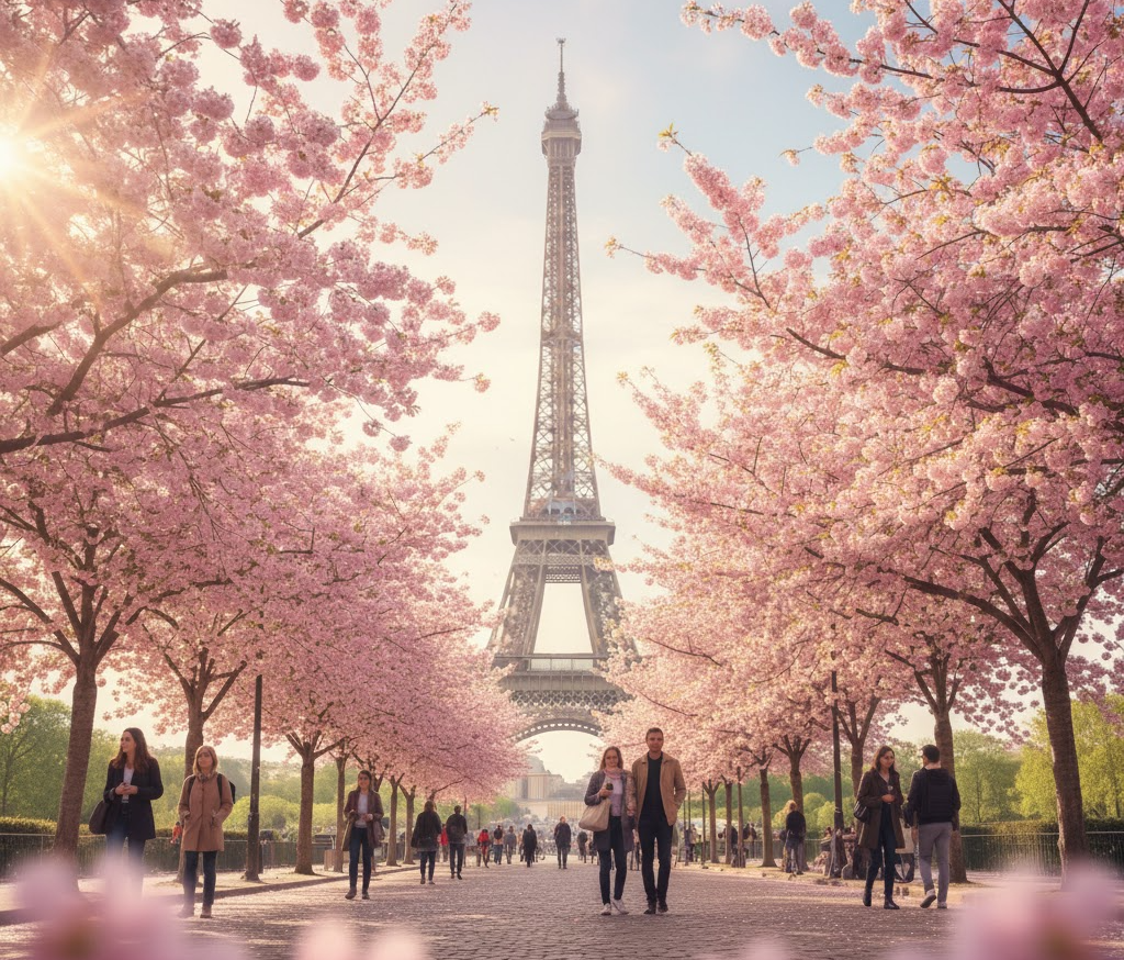 봄 햇살 아래 에펠탑 근처 벚꽃나무들