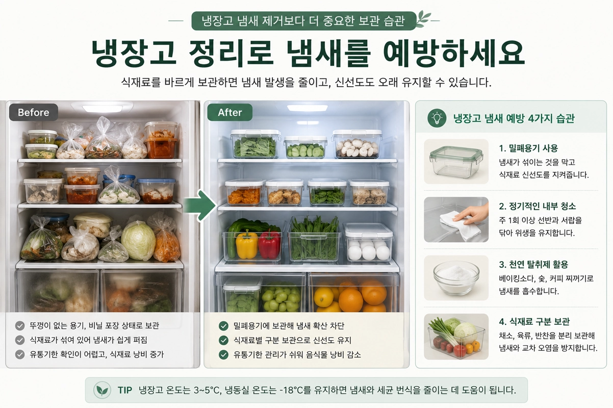 냉장고 냄새 제거보다 중요한 보관 습관을 설명하는 이미지로, 정리 전후 냉장고 비교와 밀폐용기 사용, 식재료 분리 보관, 내부 청소, 천연 탈취제 활용 방법을 안내하는 인포그래픽