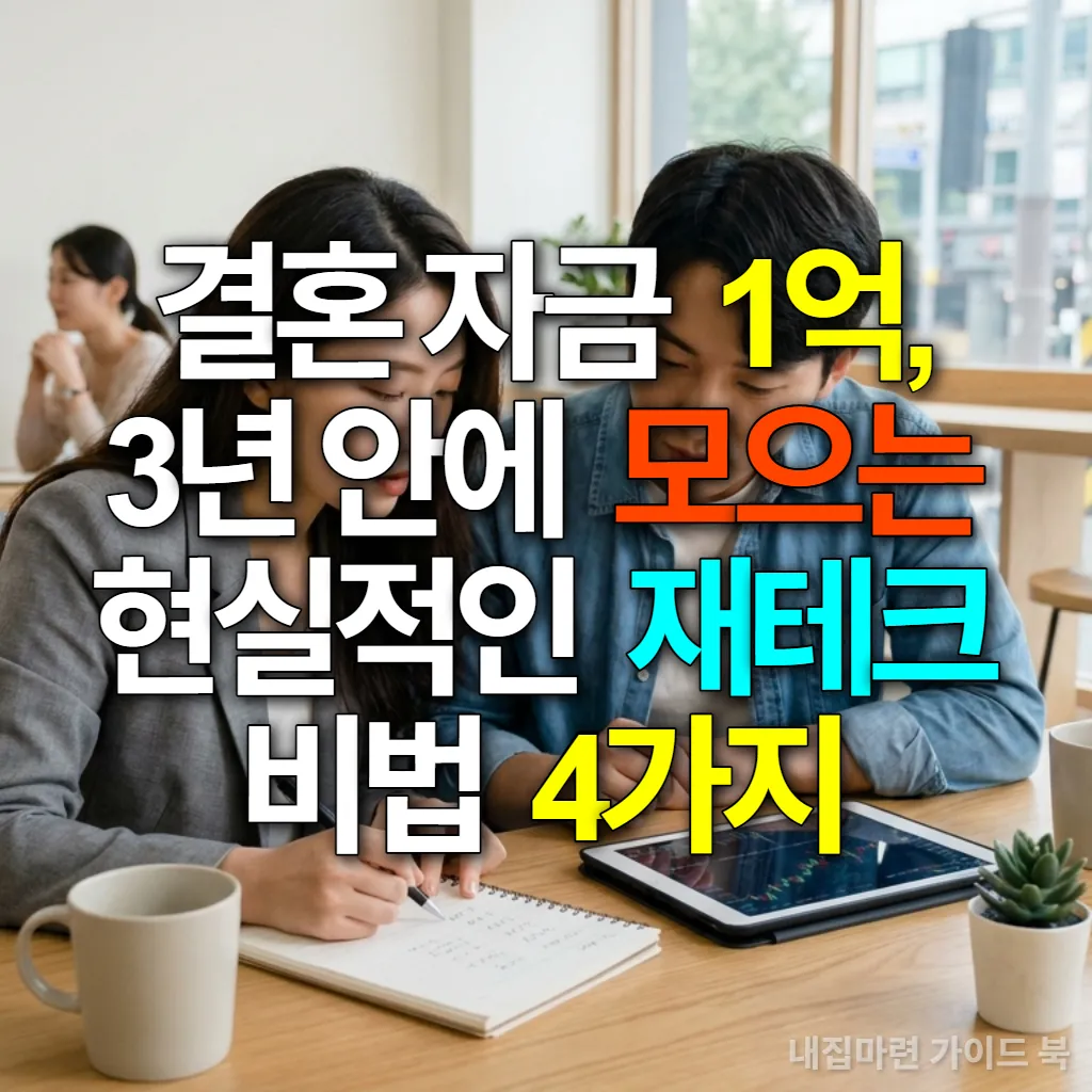 카페에서 노트북과 태블릿을 보며 결혼 자금 계획을 세우는 한국인 젊은 부부