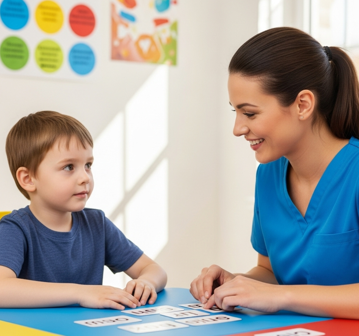 아이랑 언어치료사 선생님이 대화하는 모습 사진