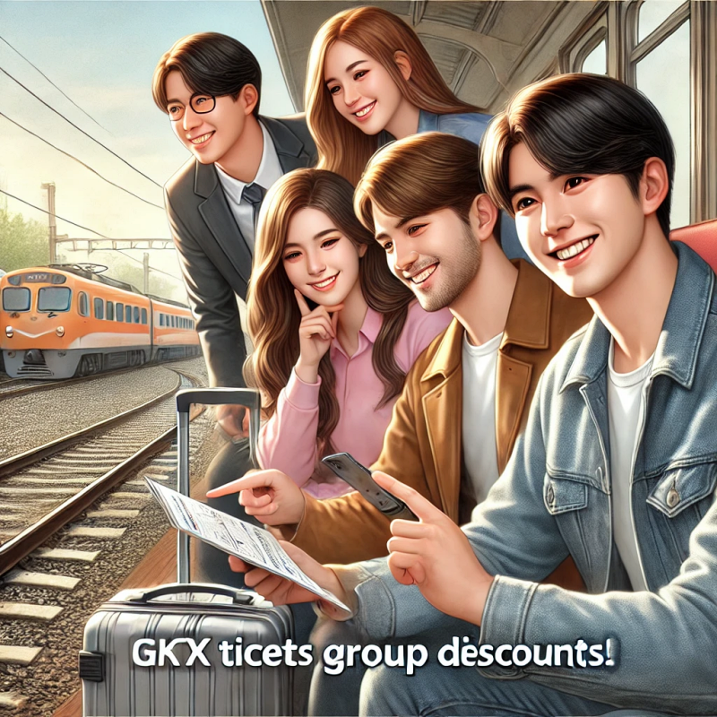 다인 할인을 강조하며 KTX 티켓을 함께 예약하는 친구 그룹의 사실적 묘사. 화기애애하고 즐거운 분위기