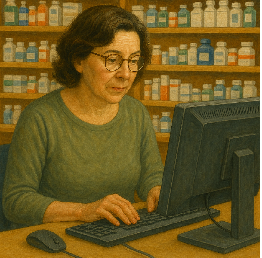 약국전산원으로 일하고 있는 중년여성 사진