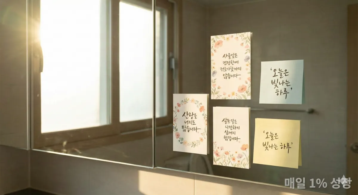 일상생활 공간에 부착된 긍정 확언 카드와 메모.