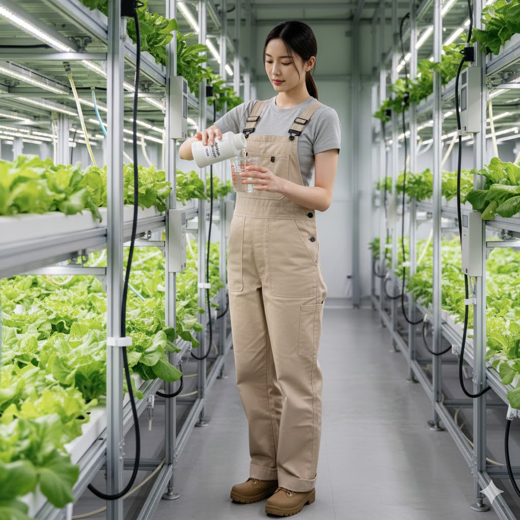 스마트팜 내부에서 여성 농업인이 M1000 용기에 담긴 액상 영양제를 계량컵에 정밀하게 따르고 있습니다. 정량 사용으로 스마트 농업의 효율성을 높이는 HDPE 용기의 모습을 보여줍니다. (M1000 용기를 활용한 '정량 사용'이라는 핵심 가치를 시각적으로 증명합니다.