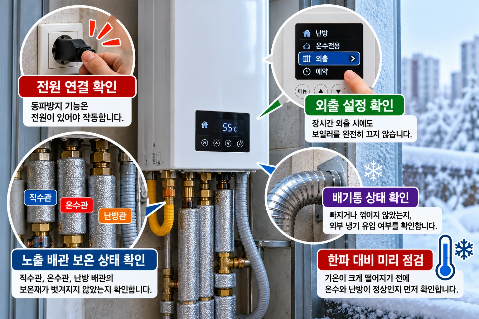 겨울철 보일러 동파 방지 전원 배관 보온 확인