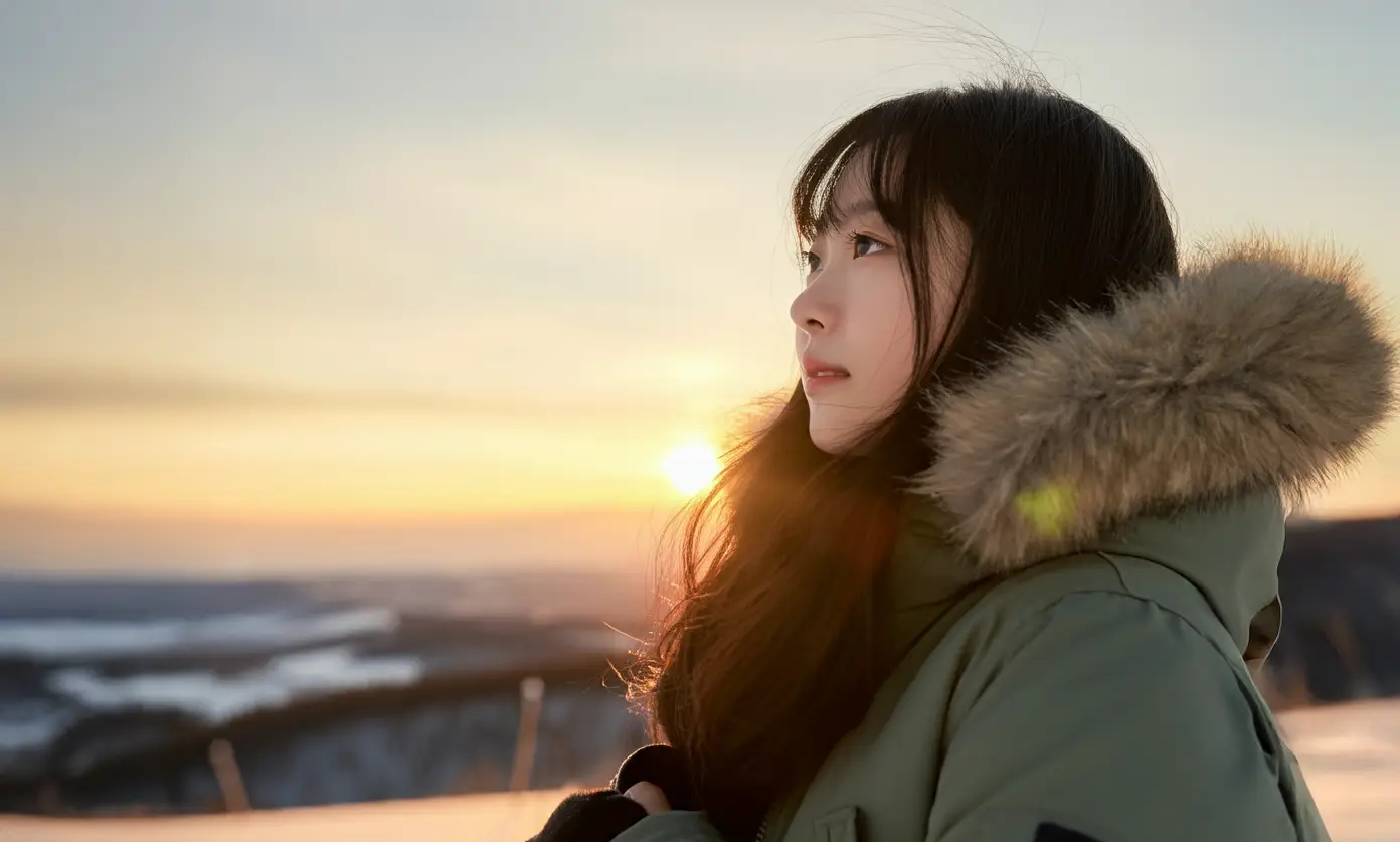 겨울 산에 있는 여성