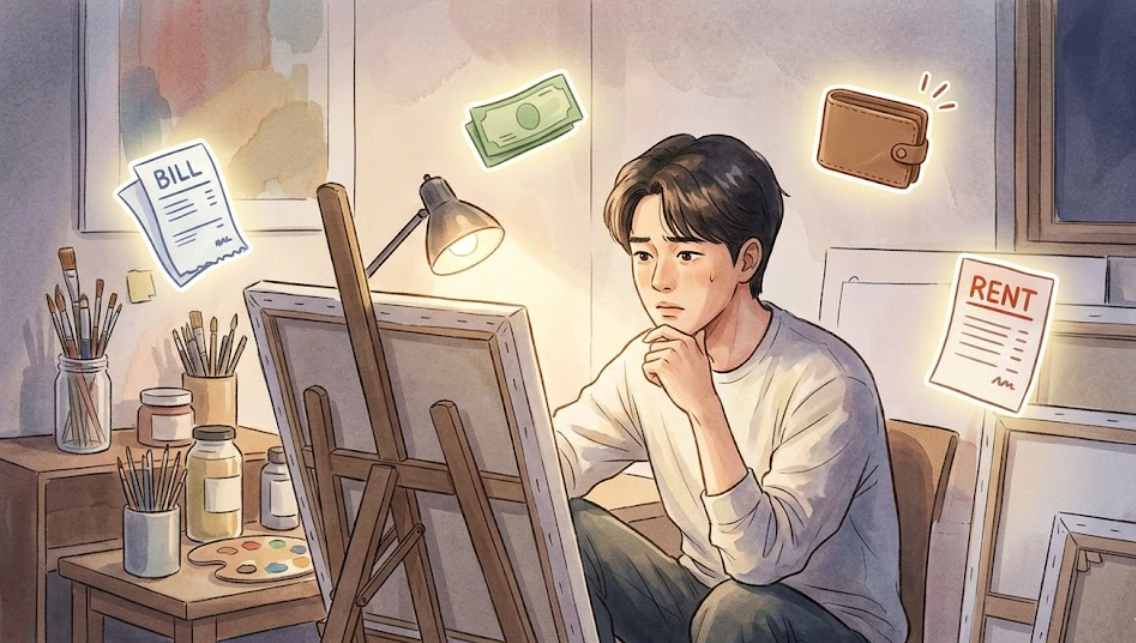예술활동하며 생활고로 고민하는 모습 이미지