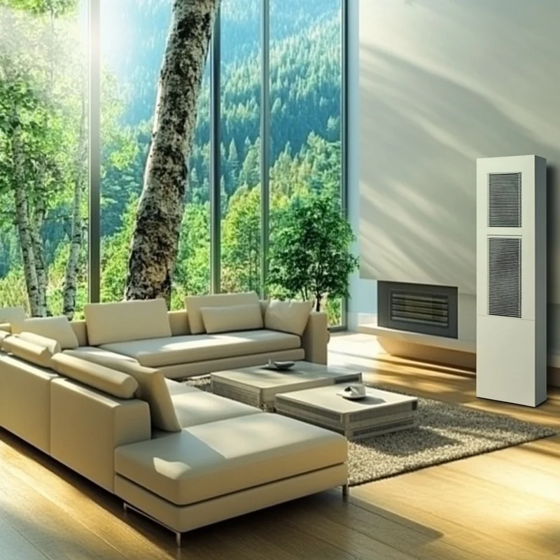 2025년의 무풍 에어컨 모델과 관련된 우아한 최첨단 디자인을 갖춘 거실에서 냉각 효율성과 스마트 기술의 통합을 미묘하게 보여줍니다. 이미지의 자연 채광이 분위기를 밝고 간결하게 만듭니다.