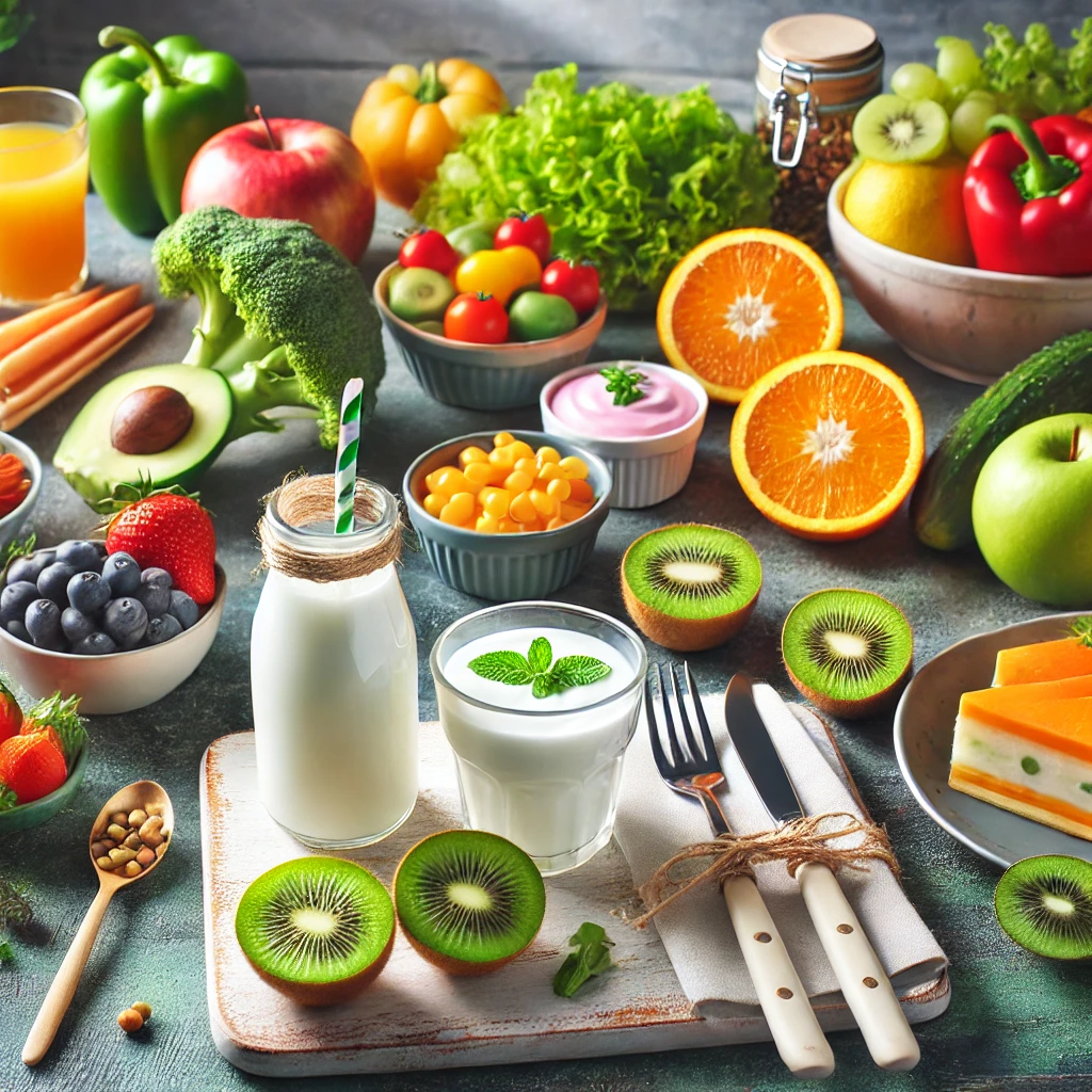 균형 잡힌 식단의 식재료가 놓인 건강한 식탁