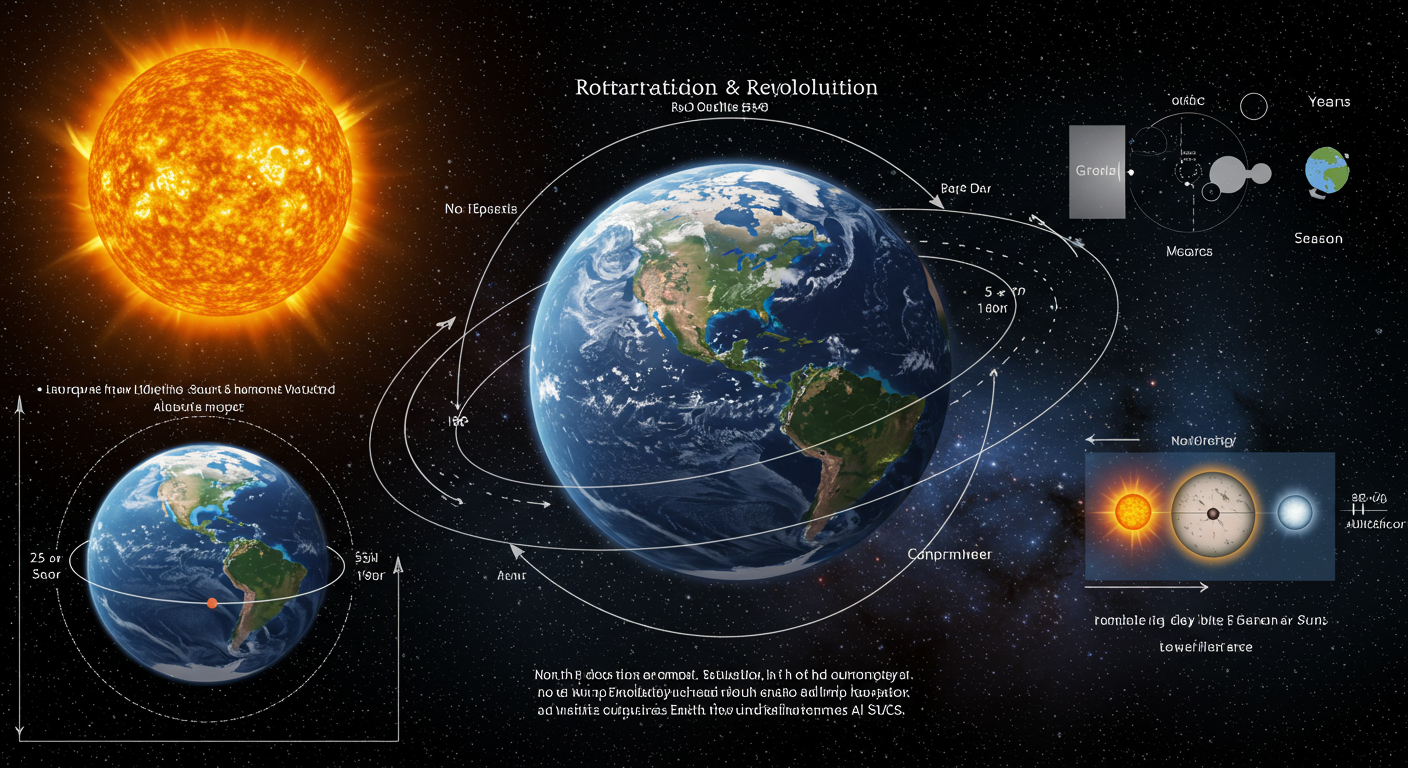 지구 자전과 공전의 원리를 설명하는 우주 배경 이미지. 태양과 지구, 공전 궤도, 자전축 기울기 등이 포함됨