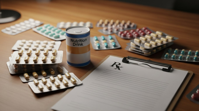 알약·영양제와 처방전이 함께 놓인 책상
