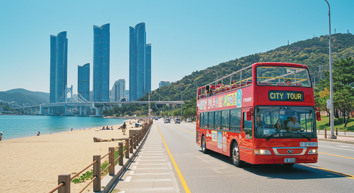 부산의 랜드마크인 광안대교를 배경으로 달리는 빨간색 2층 시티투어 버스