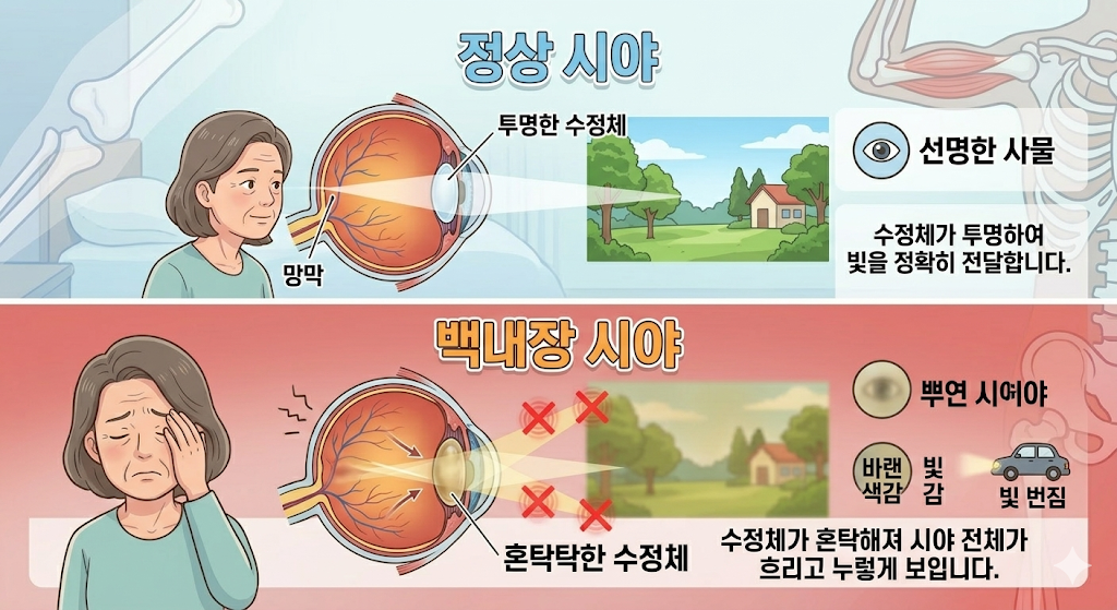 정상 시야와 백내장 시야의 차이점을 보여주는 그림