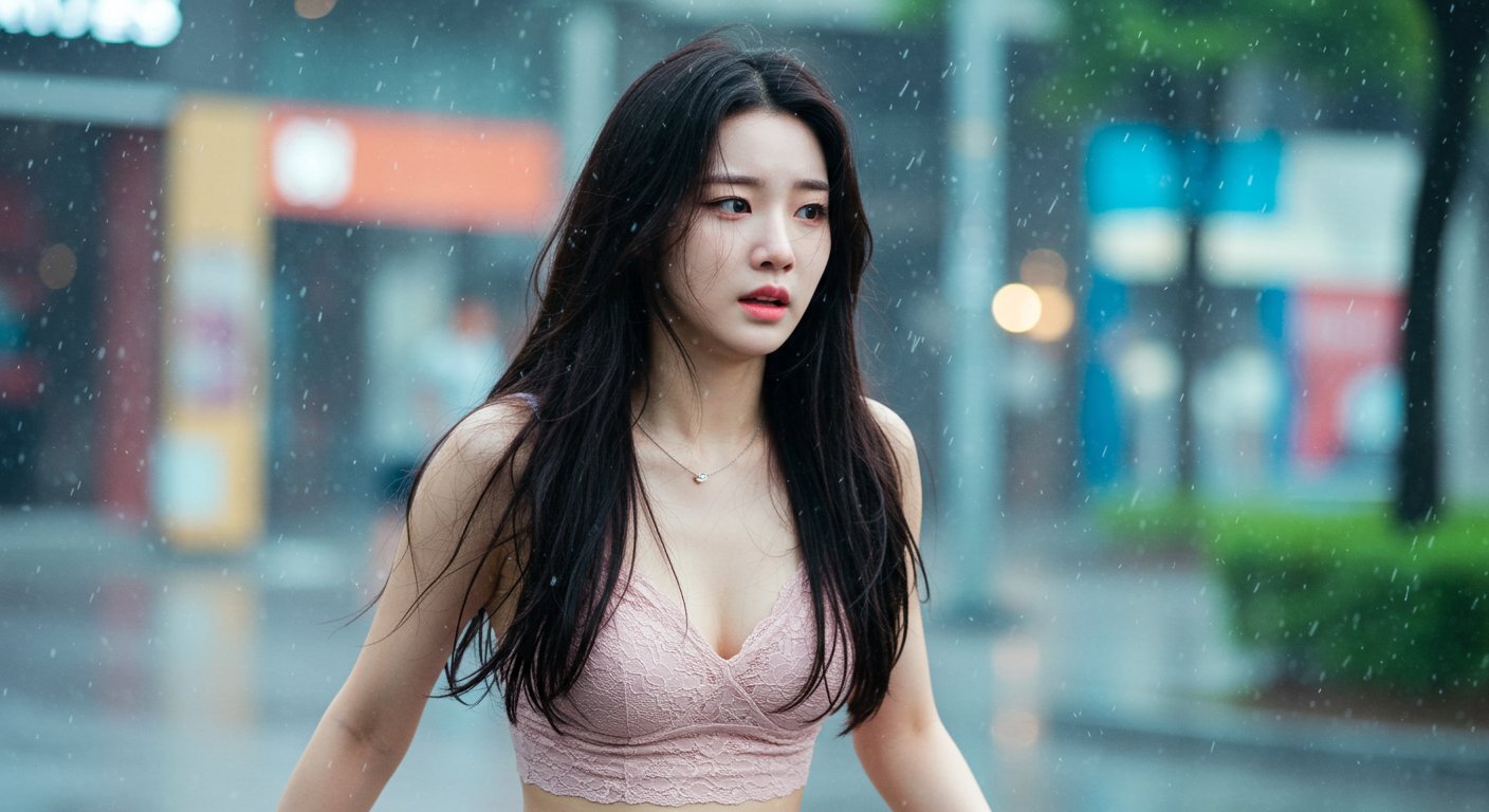 태풍에 흠뻑 젖은 여성