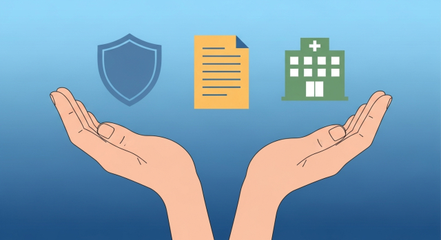 보험·실비 청구를 상징하는 방패와 병원, 서류 아이콘 일러스트 이미지