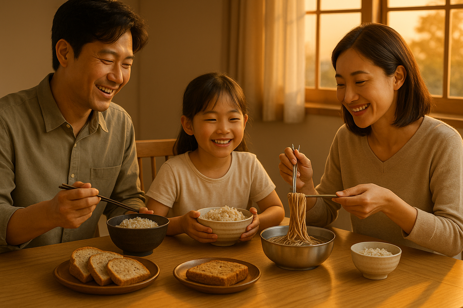 식탁에서 곡물 함께 즐기는 가족장면