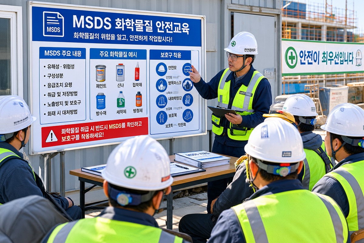 건설현장 근로자에게 MSDS 화학물질 안전교육을 실시하는 모습