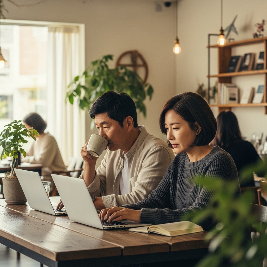 여행 중 카페에서 일하는 한국인 중년 부부의 모습