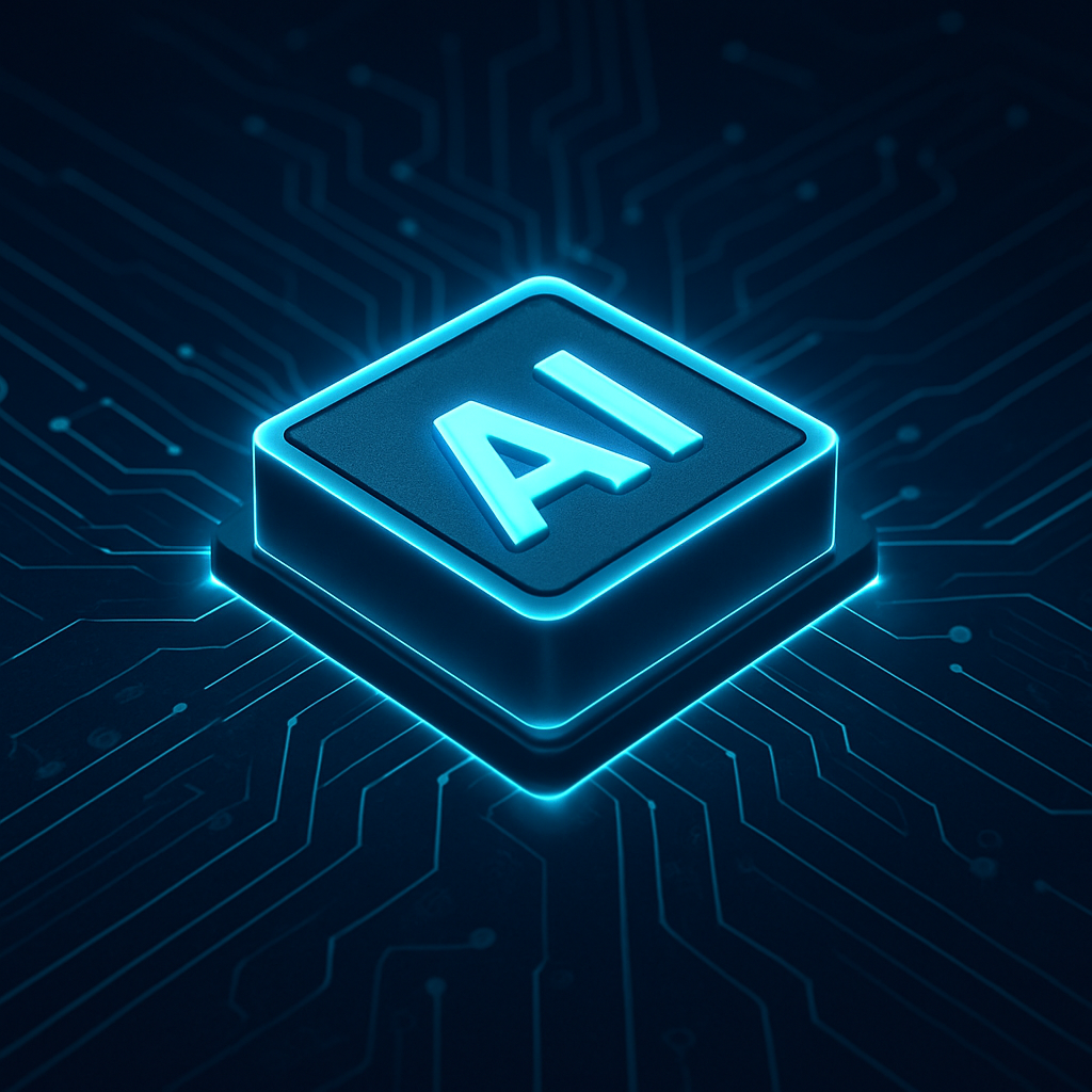 “네온 블루 톤의 AI 키캡을 강조한 미래형 인공지능 콘셉트 이미지”