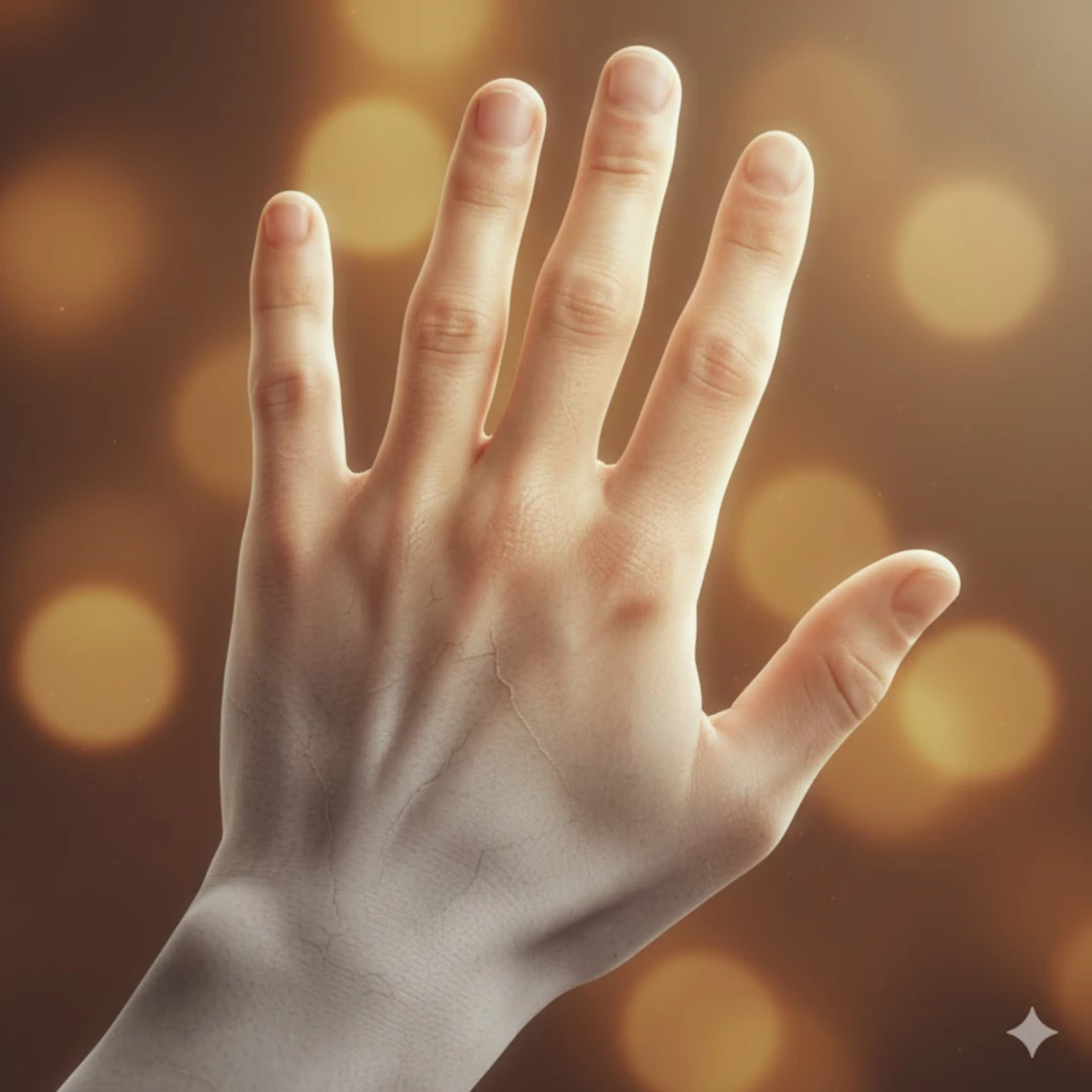 회색빛의 지쳐 보이는 손이 서서히 생기 있는 피부색으로 변하며 상처가 아물어가는 과정을 추상적으로 표현합니다. 따뜻하고 부드러운 빛이 강조됩니다.