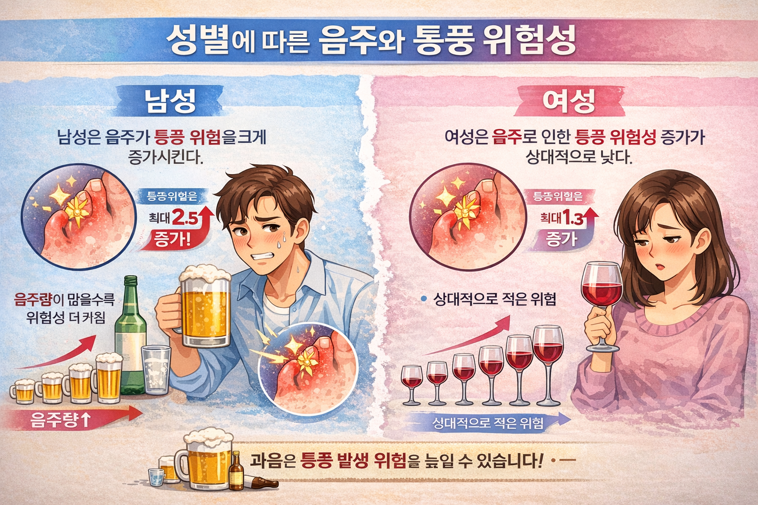 성별에 따른 음주와 통풍 위험성 분석 관련 이미지