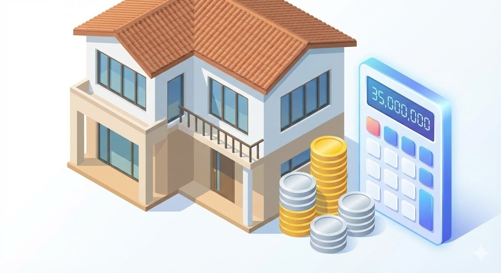 서울 빌라 투자로 수익을 내는 것을 형상화한 일러스트, 계산기와 돈다발 이미지