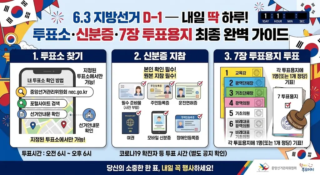 6.3 지방선거 D-1 — 내일 딱 하루! 투표소·신분증·7장 투표용지 최종 완벽 가이드