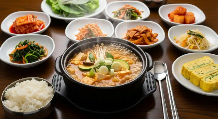 밥상 위에 청국장과 나물 반찬, 채소가 올려져 있는 건강 식단 모습