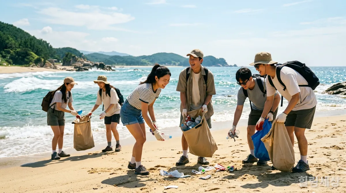 한국 해변에서 플로깅 활동을 하는 젊은 한국인 여행자들