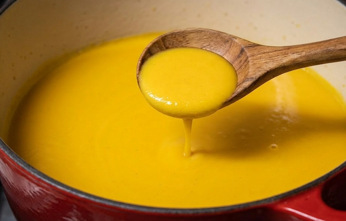 보라카이의 감성 식탁 주물 냄비에 담긴 단호박 크림 수프 농도 조절 과정