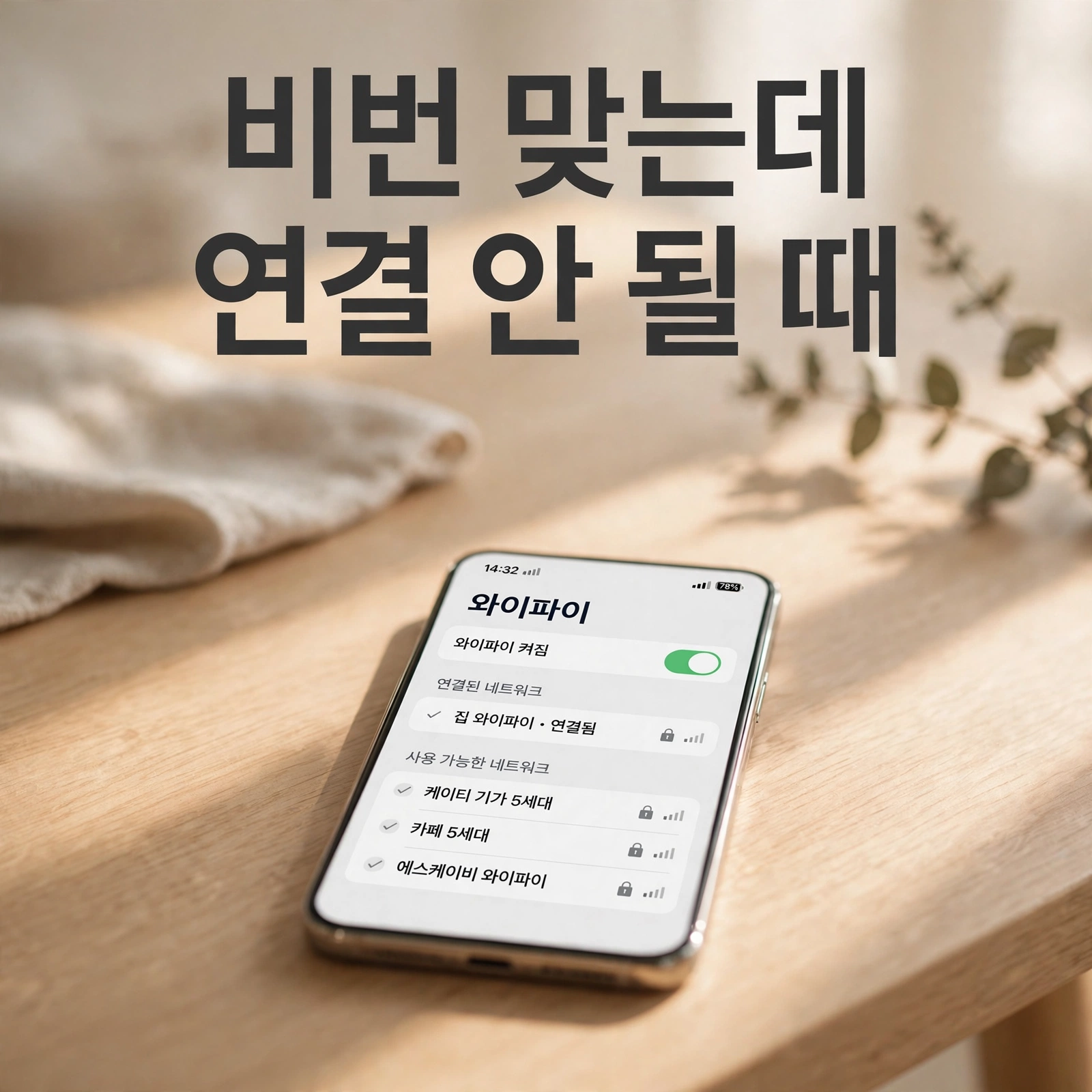 스마트폰과 '비번 맞는데 · 연결 안 될 때' 썸네일 문구 이미지