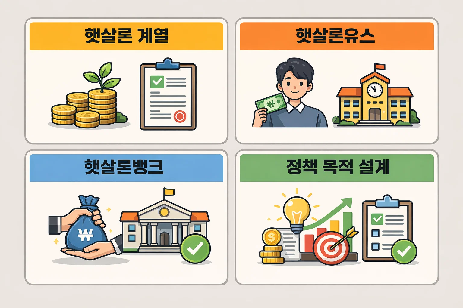 정부지원대출 중 햇살론 계열 상품이 정책 목적에 따라 나뉘고 승인 조건이 달라지는 구조를 시각적으로 정리한 이미지입니다