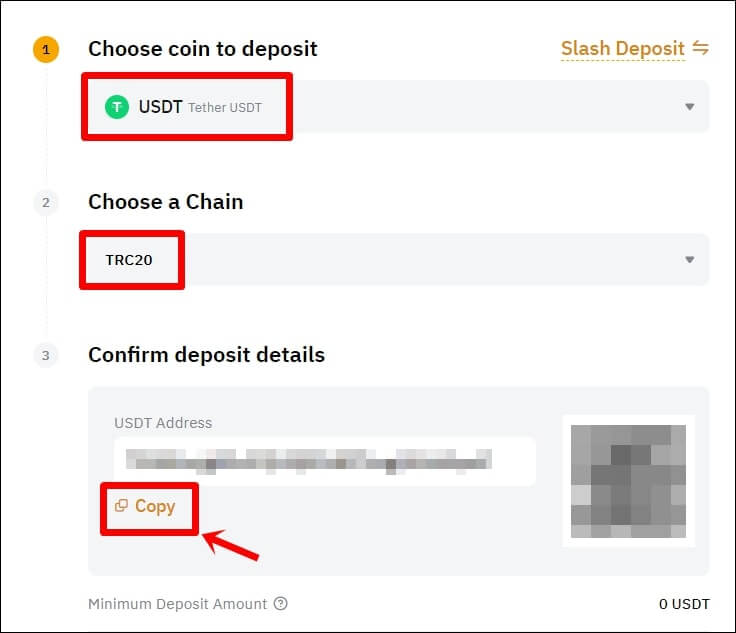 테더 입금 주소가 나온 창을 나타내고 있다.