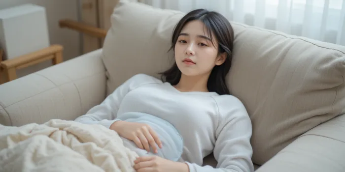 소파에서 핫팩 올린 여성