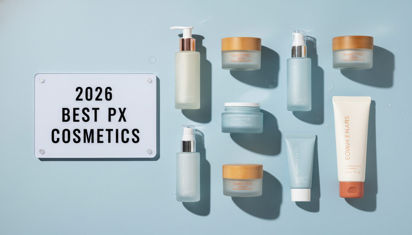 2026년 최신 군마트 PX 화장품 추천 베스트 제품들이 푸른빛이 도는 회색 배경에 가지런히 놓여 있는 모습