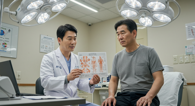 중년 남성이 의사와 혈액검사 상담하는 장면