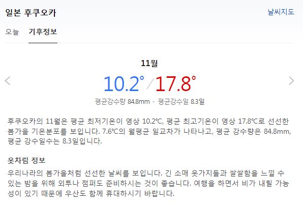 11월 후쿠오카 날씨 옷차림 추천 여행지