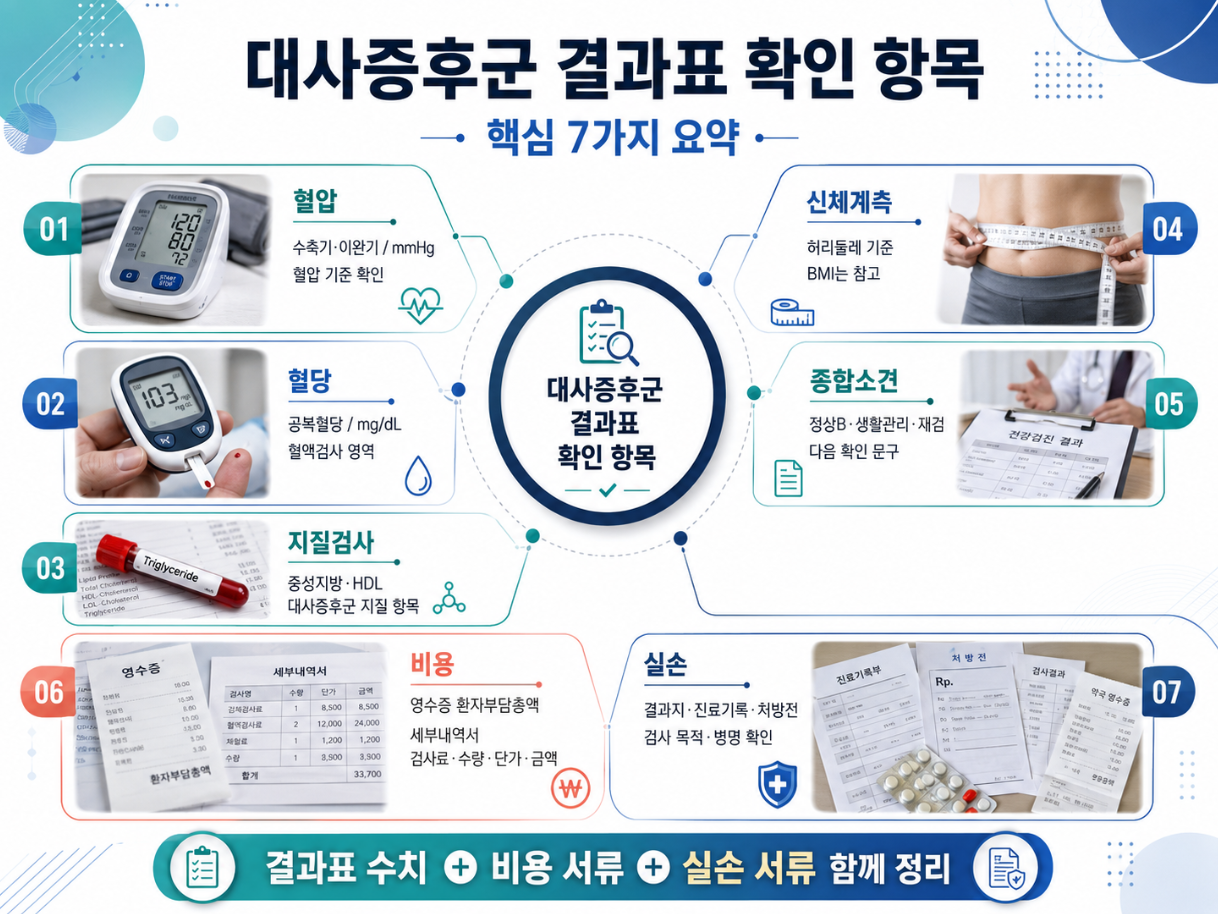 대사증후군 결과표 확인 항목 7가지를 혈압 혈당 지질 신체계측 종합소견 비용 실손 서류로 요약한 인포그래픽