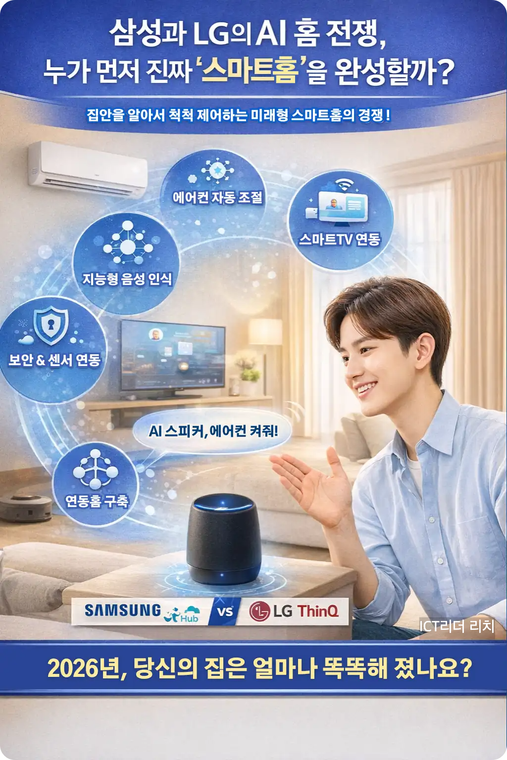 밝고 또렷한 피부톤의 20대 남성이 삼성 AI 스피커와 음성으로 대화하는 장면을 중심으로 구성된 인포그래픽. 상단에는 &lsquo;AI 홈, 2026의 전쟁&rsquo;이라는 제목과 설명이 있으며, 중간에는 스마트TV 및 에어컨 등 가전 연동 이미지가 아이콘과 함께 배치됨. 하단에는 &lsquo;2026년, 당신의 집은 얼마나 똑똑해졌나요?&rsquo;라는 강조 문구 포함.