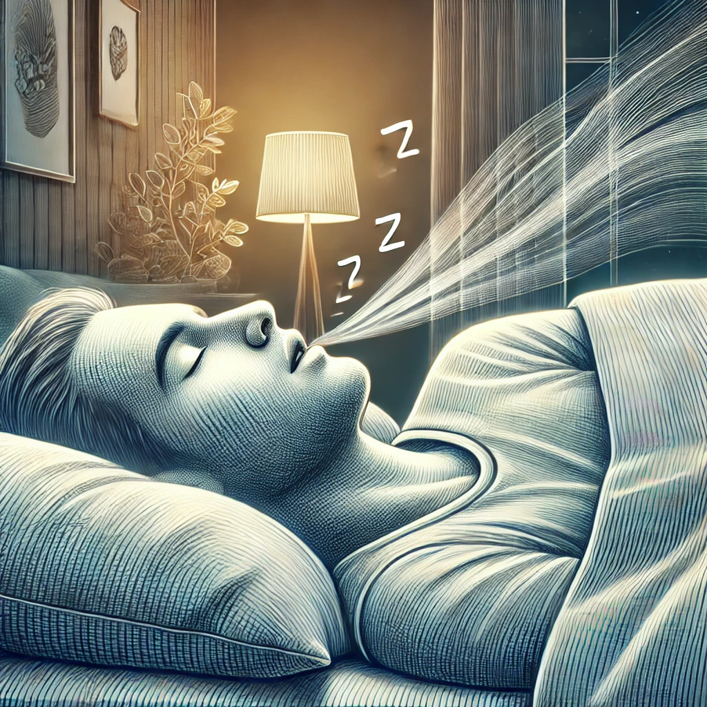 아늑한 침실 환경에서 코를 골면서 등을 대고 자는 사람 이미지