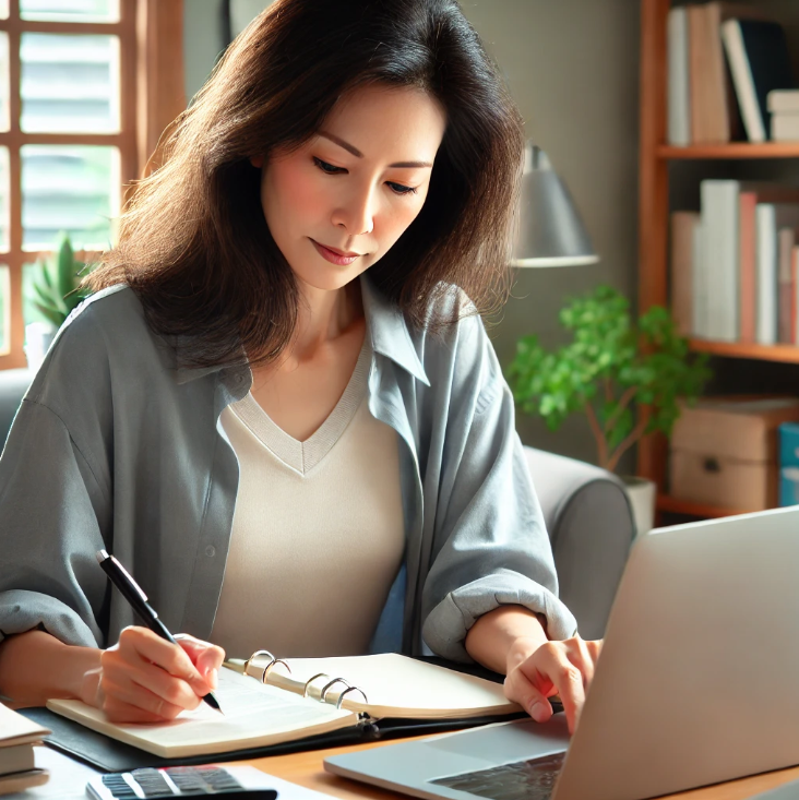 집에서 노트북으로 국민연금 계획을 검토하는 중년 여성