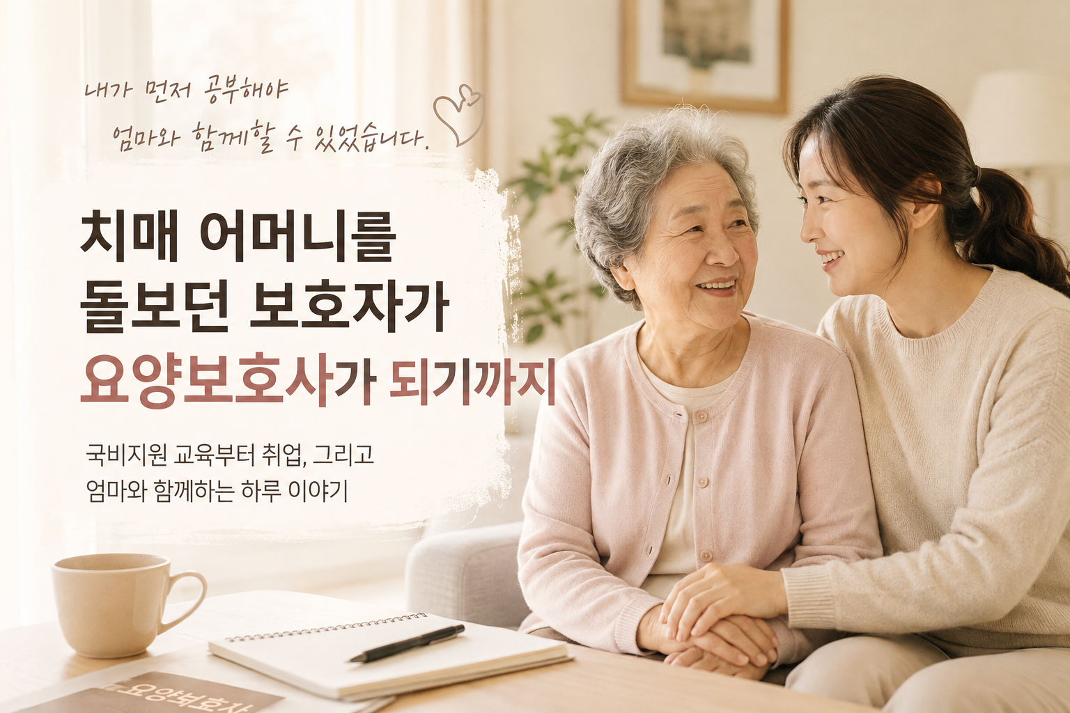 치매 어머니를 돌보기 위해 요양보호사 자격증을 취득하고 함께 주야간보호센터로 출근하는 보호자의 모습