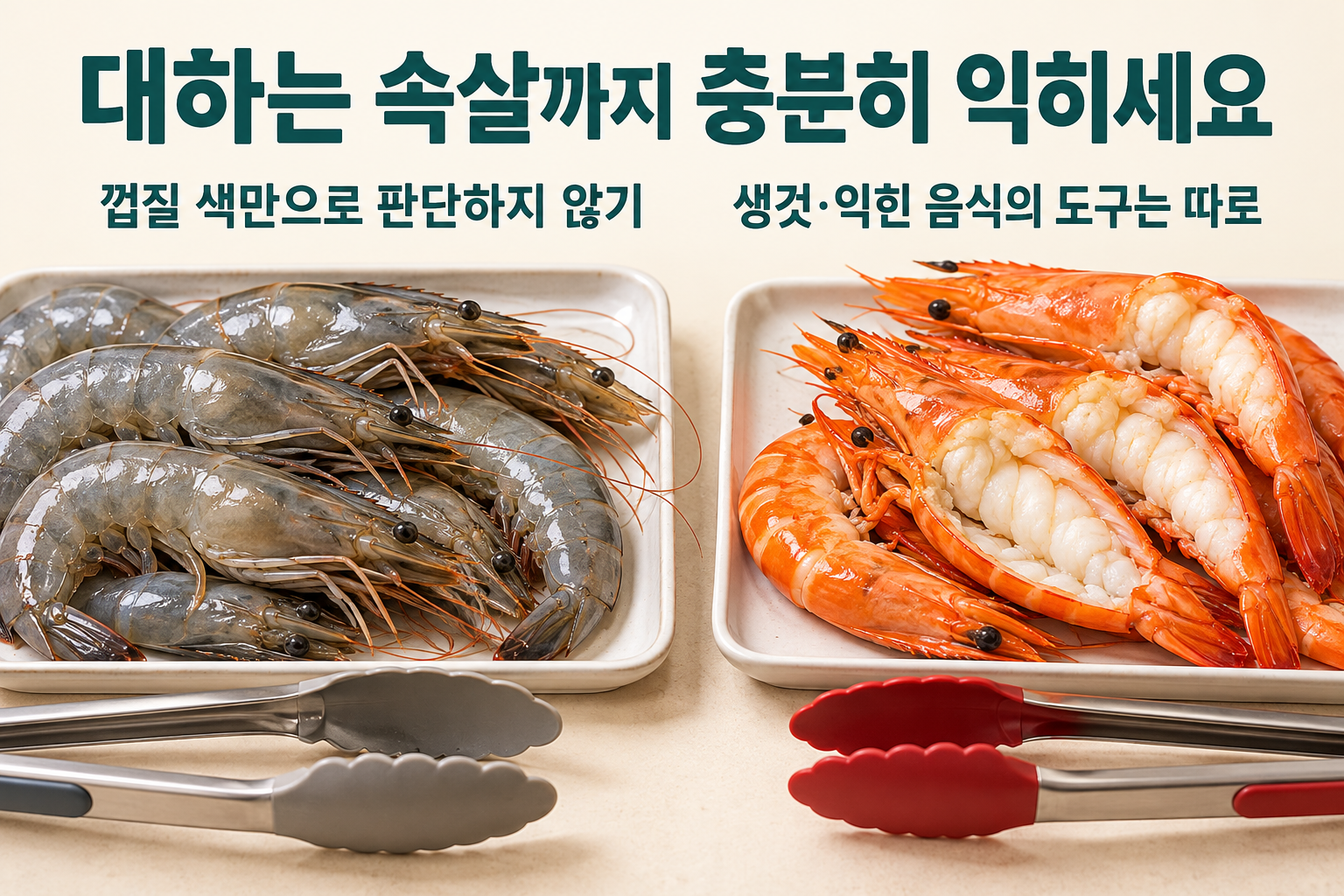 생대하와 익힌 대하의 속살, 각각 따로 둔 조리도구를 비교한 가열&middot;위생 안내