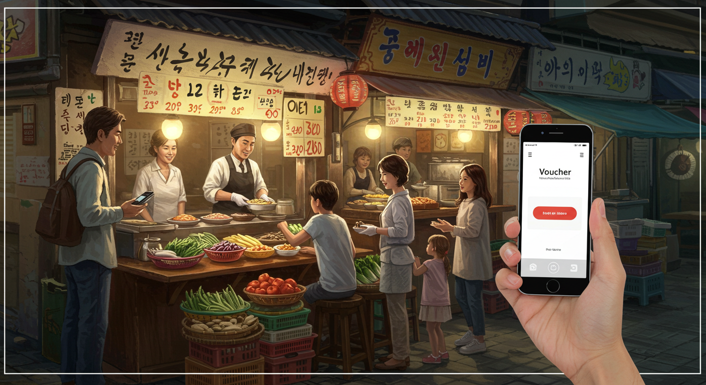 전통시장 음식점에서 스마트폰으로 결제하는 가족