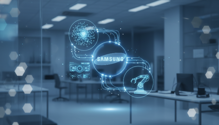 2025년 삼성전자의 AI, 전장, 로봇 분야 M&A 전략을 시각화한 미래 지향적인 기술 일러스트레이션