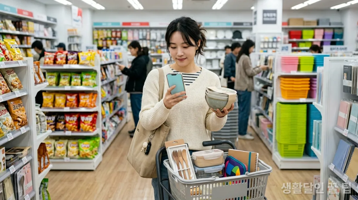 스마트폰으로 다이소 꿀템 후기를 찾아보는 사람